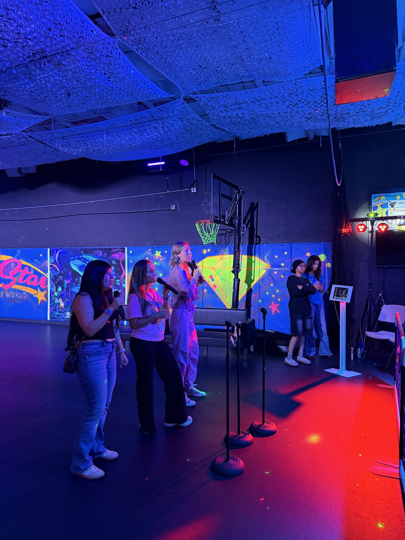 Group of guests singing on professional microphones in the karaoke lounge at All Star Party World