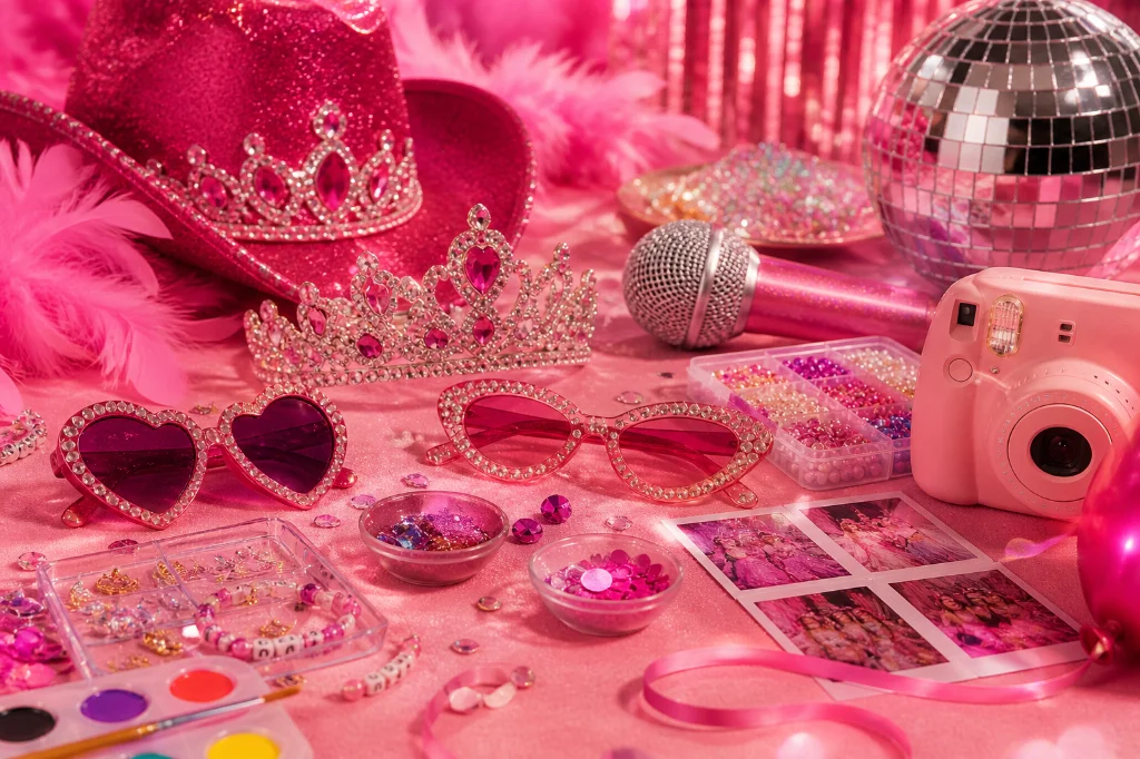 PopStar Divas party accessories: crown, sunglasses, disco ball, camera, and glam props